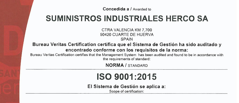 SUMINISTROS HERCO OBTIENE EL CERTIFICADO ISO 9001:2015