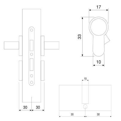 Emuca Cilindro cerradura tipo pera para puertas, 30+30 mm, leva larga, 5 llaves, aluminio, níquel satinado, 5 sets.