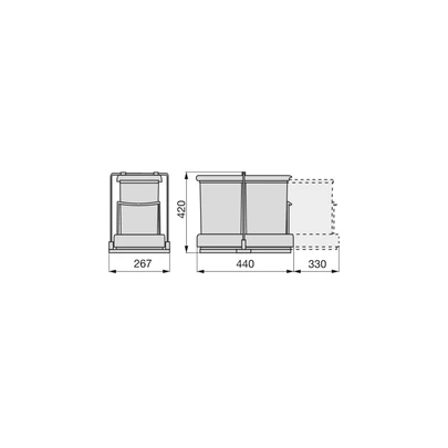 Emuca Contenedor de reciclaje para fijación inferior y extracción automática en mueble de cocina 2x14litros, Plástico gris
