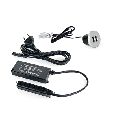 Emuca Kit de conector USB para carga Plugy, incluye convertidor y 2 USB tipo A, para encastrar en el mueble en diámetro 25mm, Plástico,