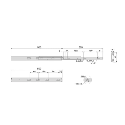 Emuca Lote de 5 juegos de guías para cajones, de bolas, altura 45mm, profundidad 500mm, extracción total, con push, cierre suave, Cinca