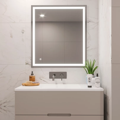 Emuca Espejo de baño Hercules con iluminación LED frontal y decorativa, rectangular 600 x 800 mm, AC 230V 50Hz, 45 W, Aluminio y Crista