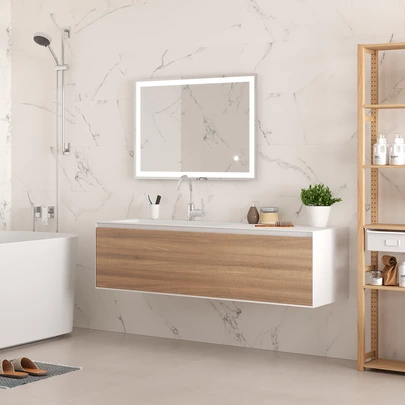Emuca Espejo de baño Hercules con iluminación LED frontal y decorativa, rectangular 600 x 800 mm, AC 230V 50Hz, 45 W, Aluminio y Crista