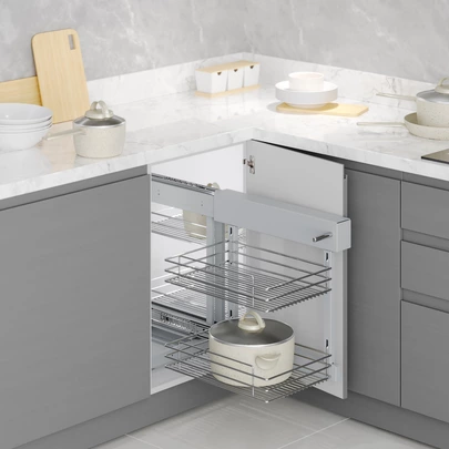 Emuca Sistema de rincón extraíble Suprastar para mueble de cocina, Izquierda, Cromado, Acero