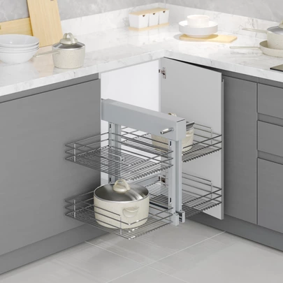 Emuca Sistema de rincón extraíble Suprastar para mueble de cocina, Izquierda, Cromado, Acero
