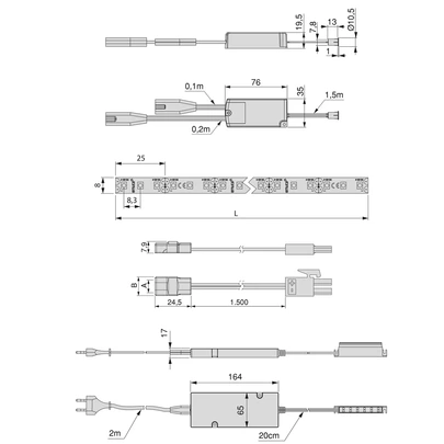 Emuca Kit de tira LED Lynx Premium 9,6W/m IP20, longitud 5m, con convertidores 12V DC, cables y sensores SWITCH (interruptor), Plástico