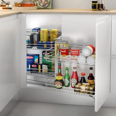 Emuca Rinconero extraíble Ángulo Supra para muebles de cocina, Montaje mano derecha, Cromado, Acero