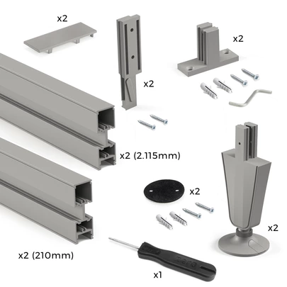 Kit estructura modular Zero con herrajes y perfiles para montaje al suelo y a pared con nivelador circular