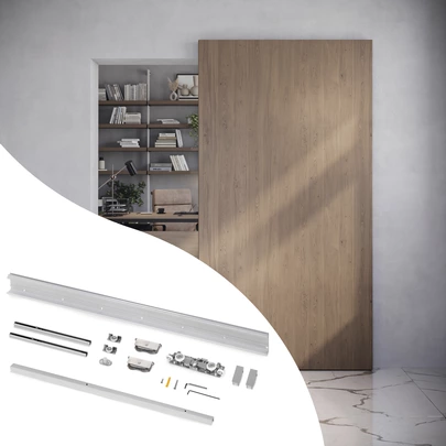 Emuca Kit de herrajes para una puerta corredera colgada de madera Wall con cierre suave, Acero y Aluminio y Plástico