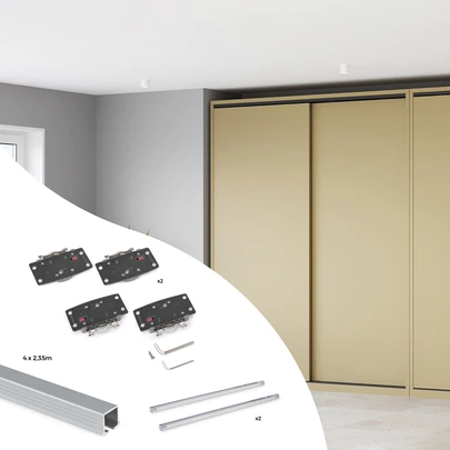 Sistema Flow 2 en formato kit para un armario de 2 puertas correderas de madera apoyadas con cierre suave
