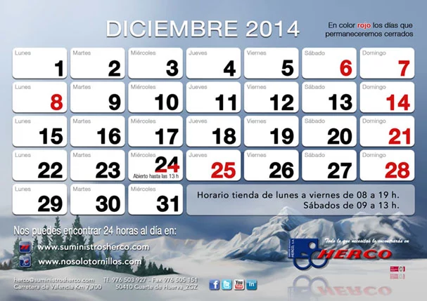 Calendario de apertura y cierre en Diciembre 2014